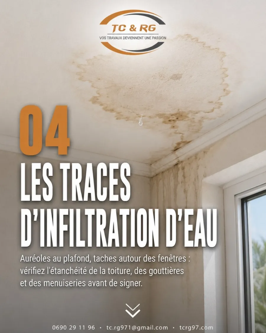 Traces d'infiltration au plafond et autour des fenêtres
