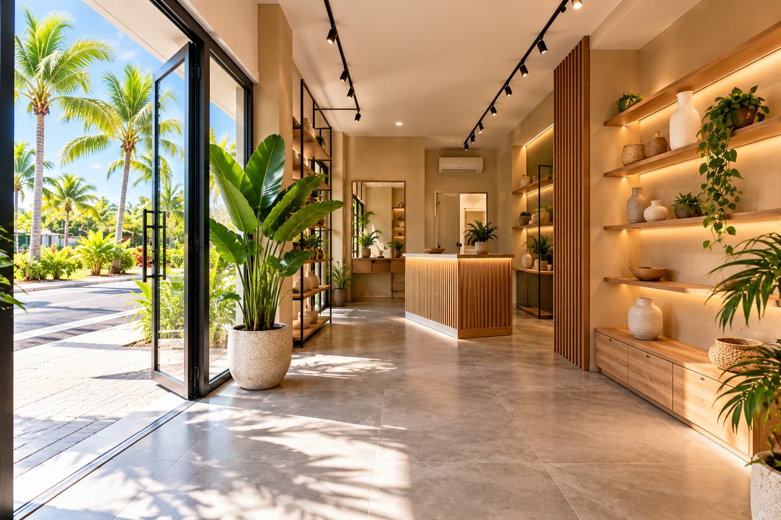 Boutique rénovée en Guadeloupe : peinture, étagères en bois, éclairage par spots et carrelage