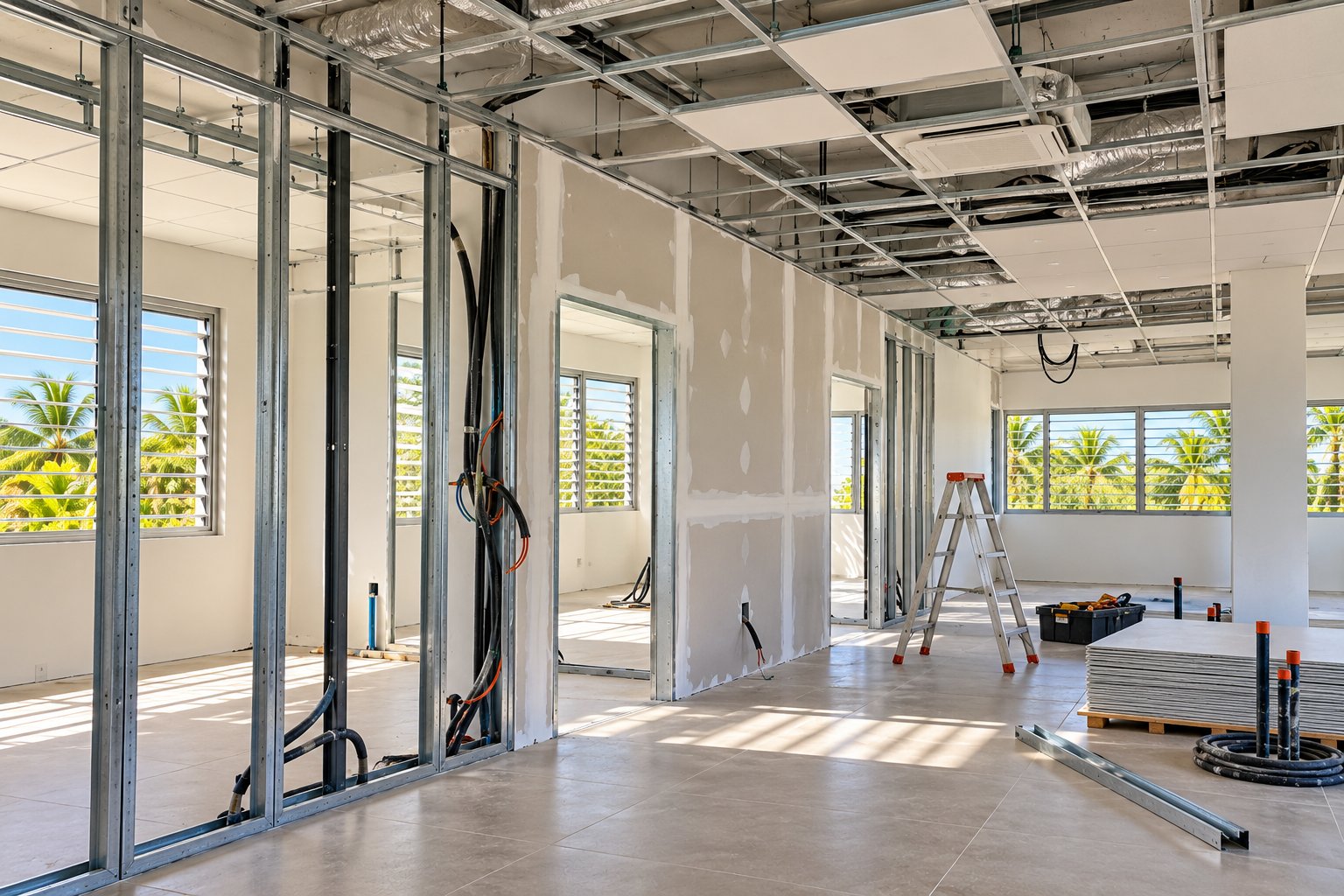 Aménagement de bureaux en Guadeloupe : cloisons en plaques de plâtre, réseaux électriques et ossature de faux plafond
