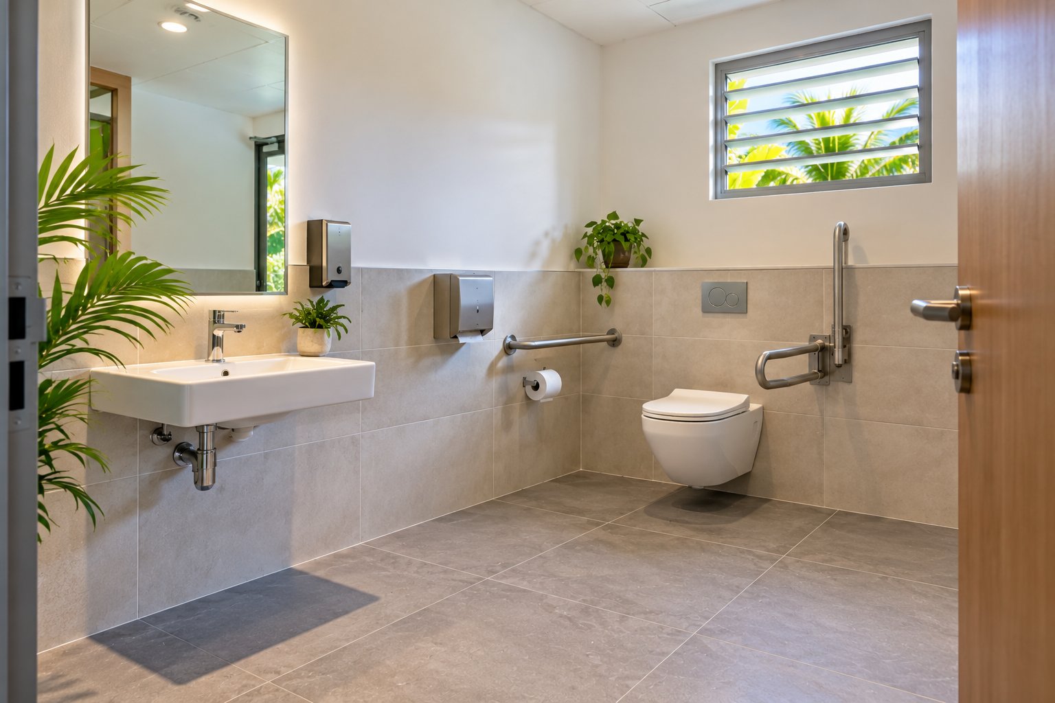 WC accessible aux personnes à mobilité réduite dans un local professionnel en Guadeloupe