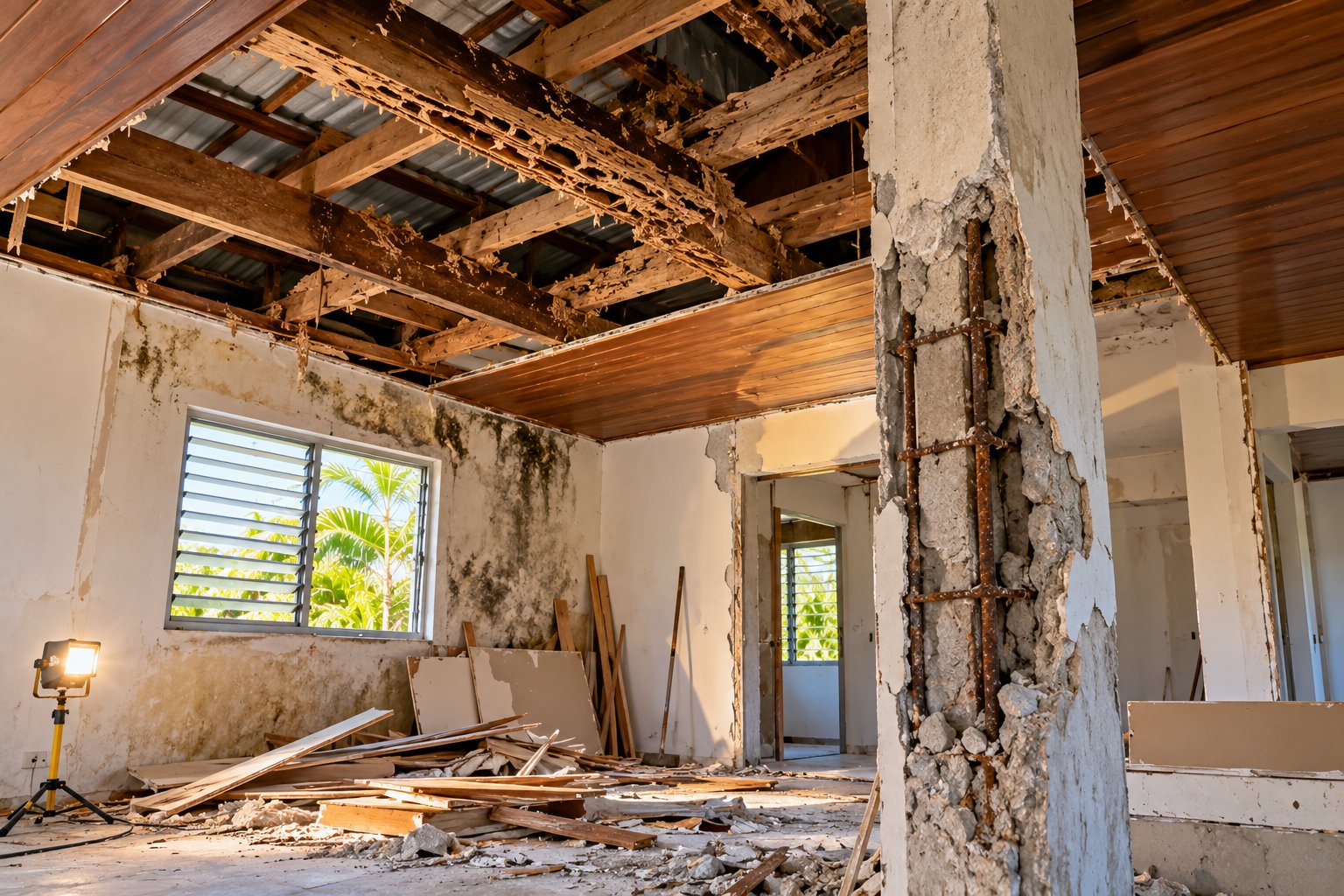 Dégâts découverts en rénovation en Guadeloupe : charpente attaquée par les termites et armatures rouillées dans un poteau