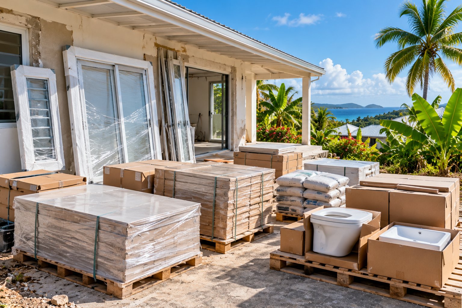 Matériaux livrés sur palettes pour un chantier de rénovation en Guadeloupe : carrelage, menuiseries et sanitaires