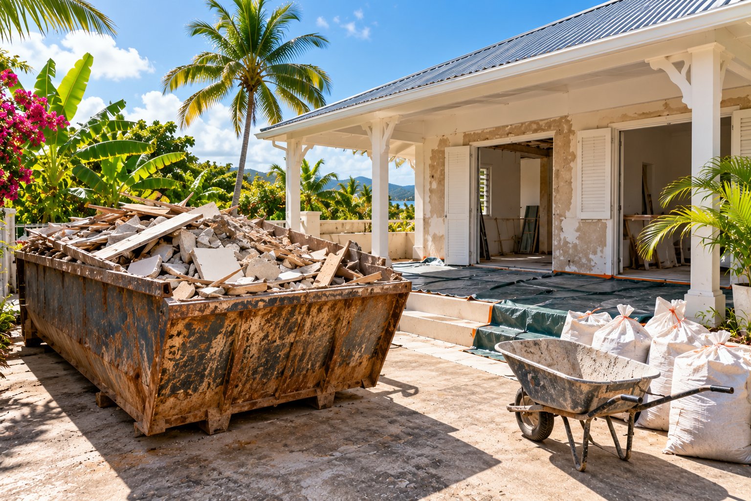 Benne de gravats et protections de sol sur un chantier de rénovation de maison en Guadeloupe