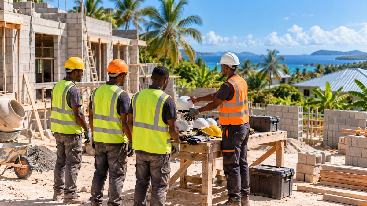 Briefing sécurité du matin sur un chantier de maison en Guadeloupe, remise des casques et des gants