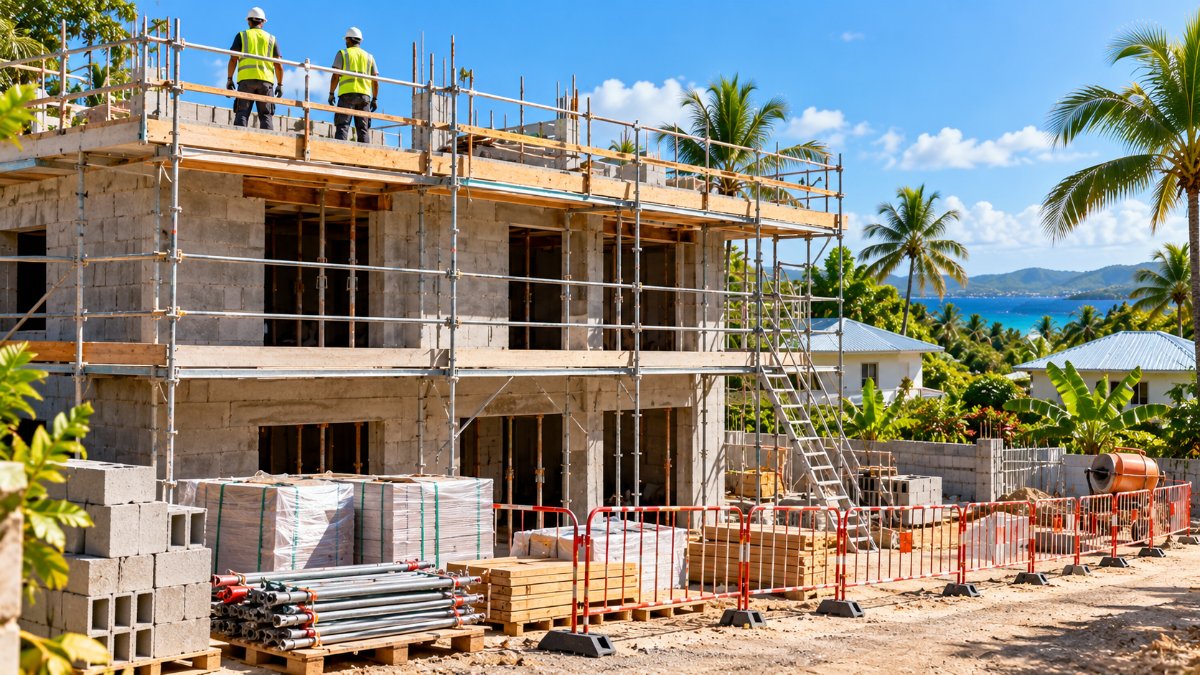 Maison à étage en construction en Guadeloupe avec garde-corps, échafaudage et zone de chantier balisée
