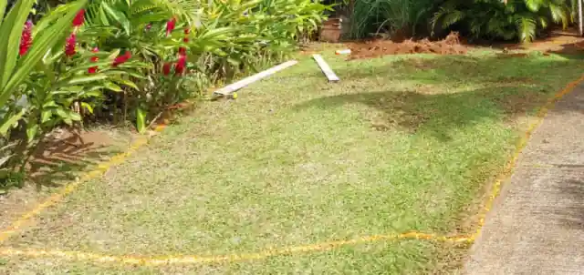 Traçage au sol de l'emprise d'un parking sur pelouse, Guadeloupe