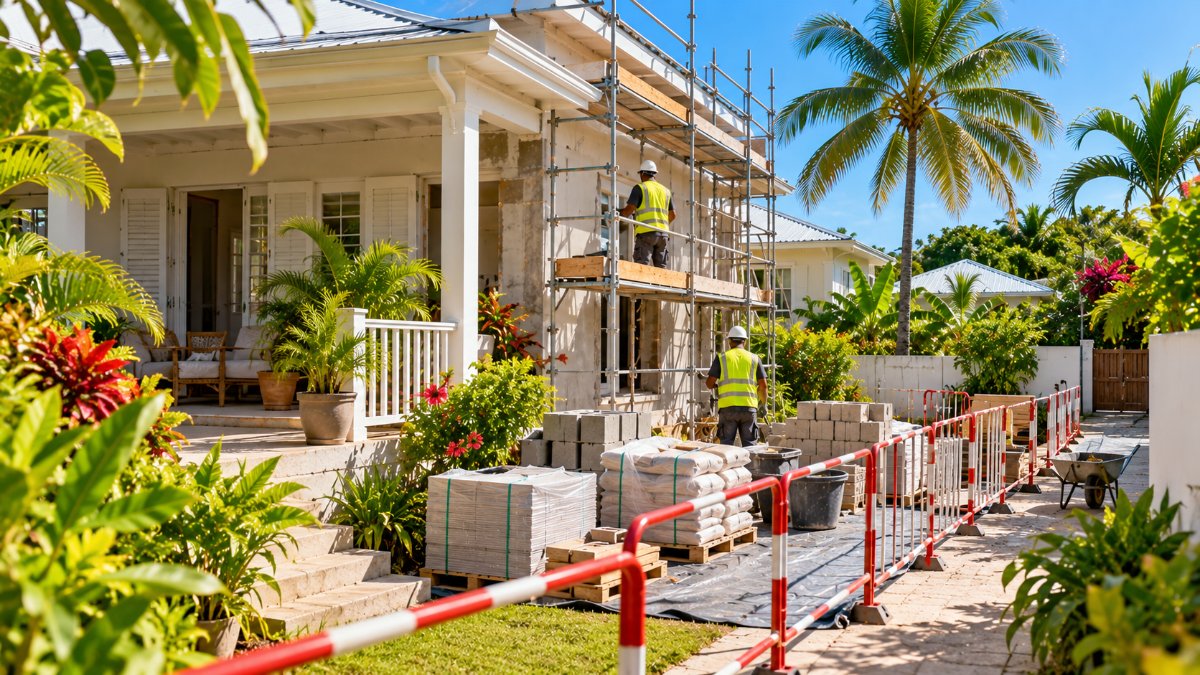 Maison créole habitée en rénovation en Guadeloupe, chantier balisé et rangé avec échafaudage à garde-corps