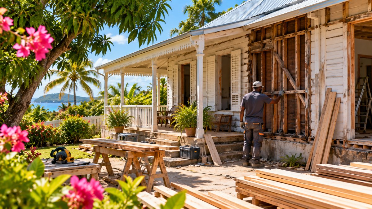 Ancienne case créole en bois en cours de rénovation en Guadeloupe, bardage déposé et ossature visible