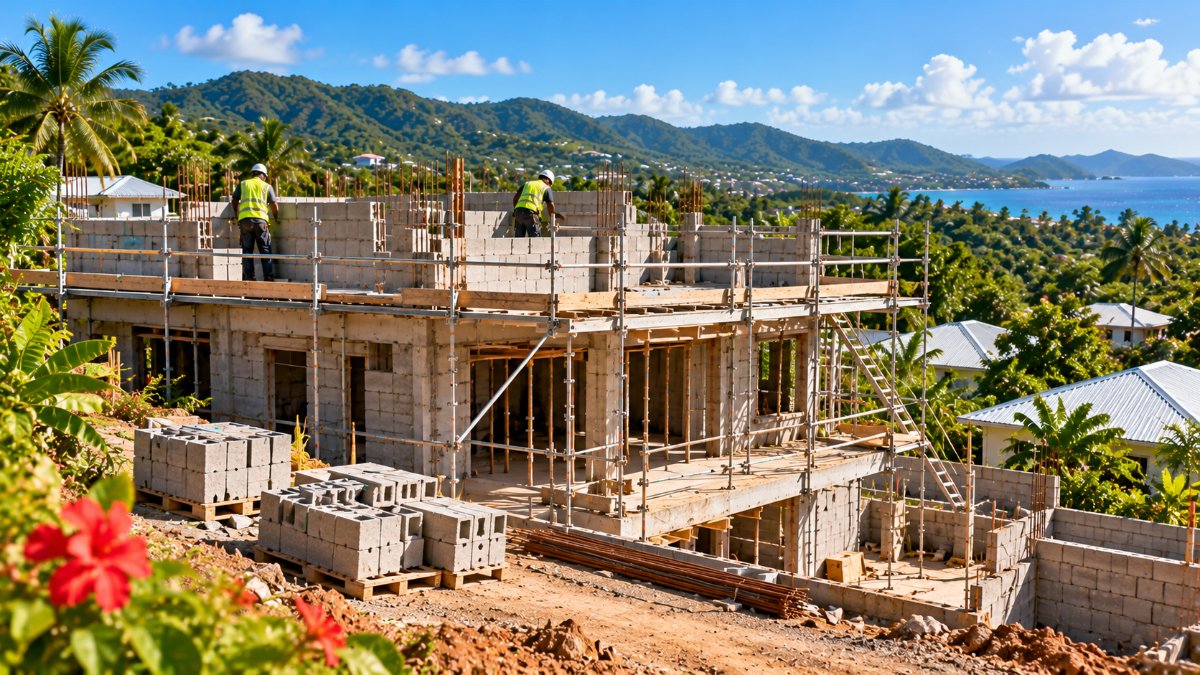 Maison individuelle neuve en construction en blocs béton sur un terrain en pente en Guadeloupe