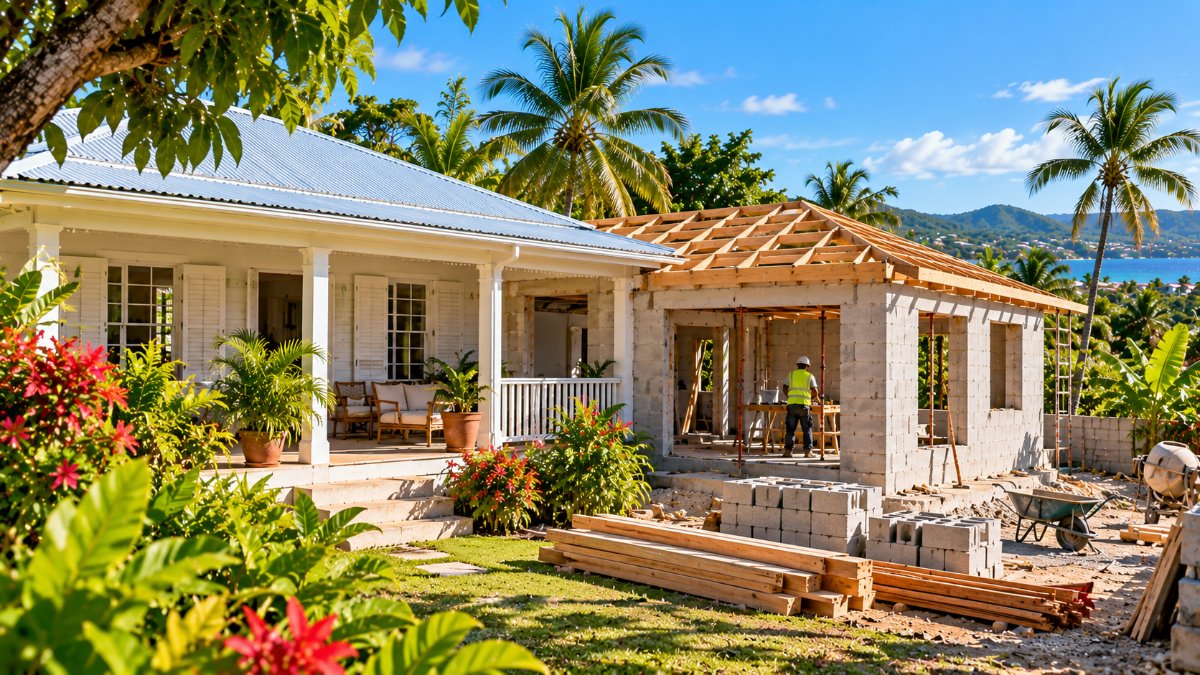 Maison créole rénovée en Guadeloupe avec une extension en blocs béton en cours de construction