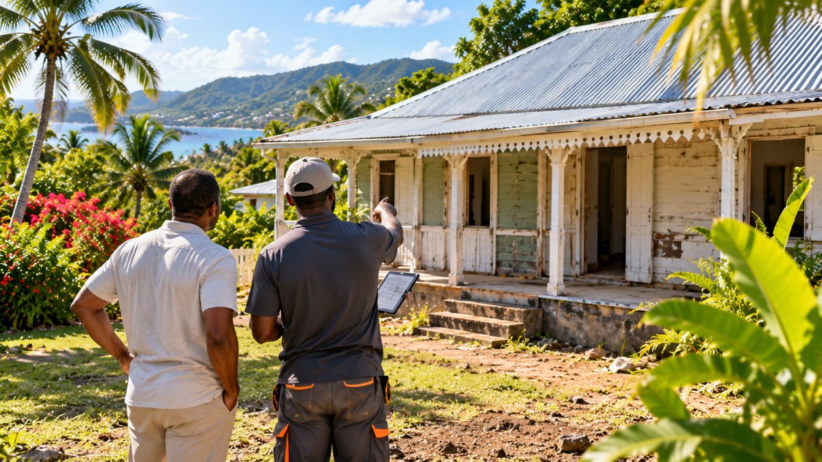 Visite d'une maison créole à rénover en Guadeloupe avec un technicien et le propriétaire