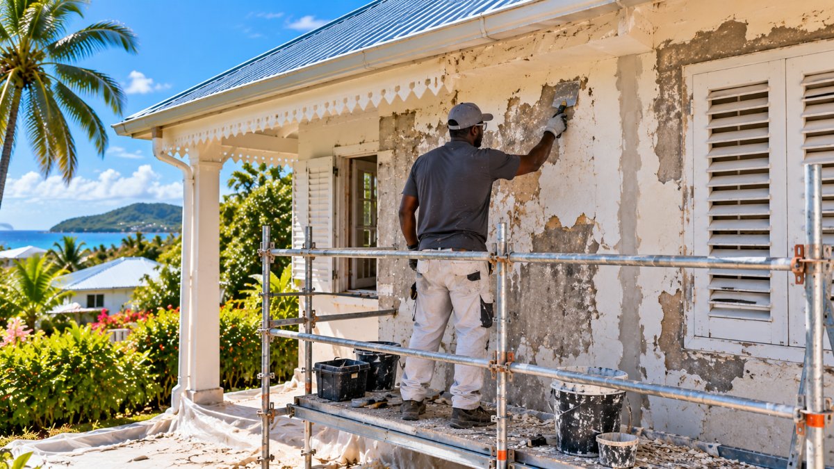 Grattage d'une ancienne peinture écaillée sur la façade d'une maison créole en Guadeloupe avant remise en peinture