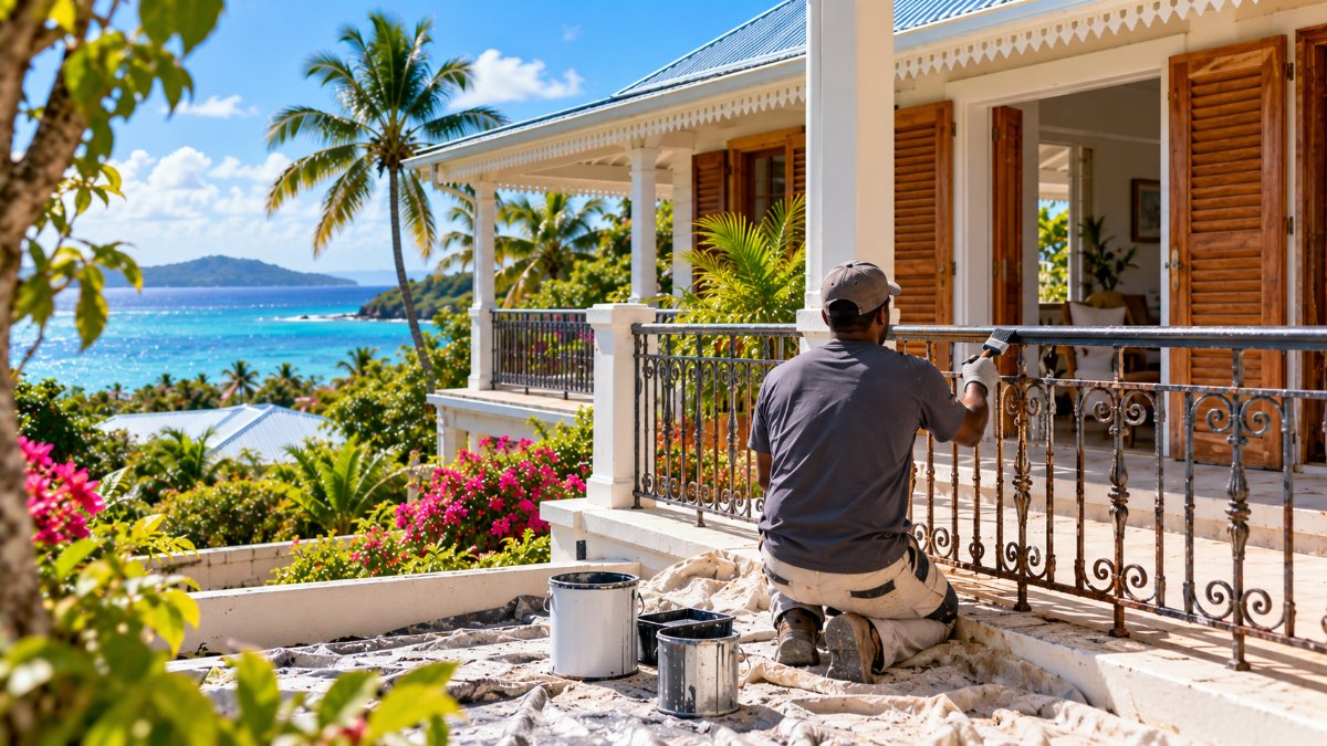 Application d'une sous-couche antirouille sur une rambarde en fer forgé d'une maison en bord de mer en Guadeloupe