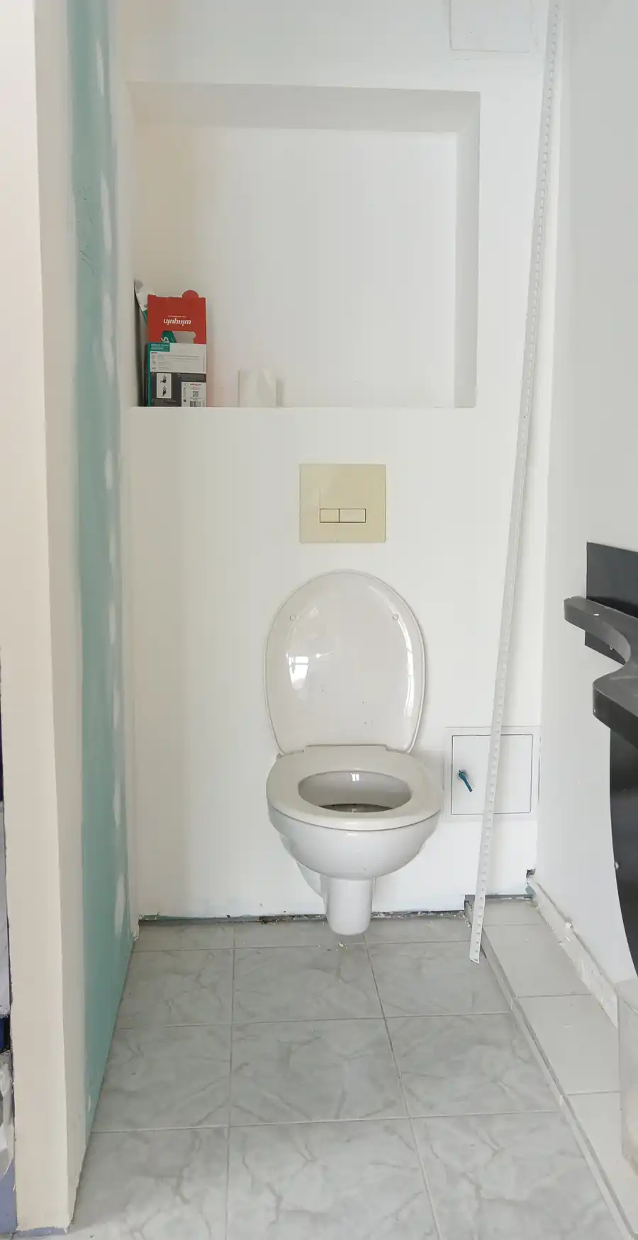 WC suspendu posé avec plaque de commande et niche de rangement, en Guadeloupe