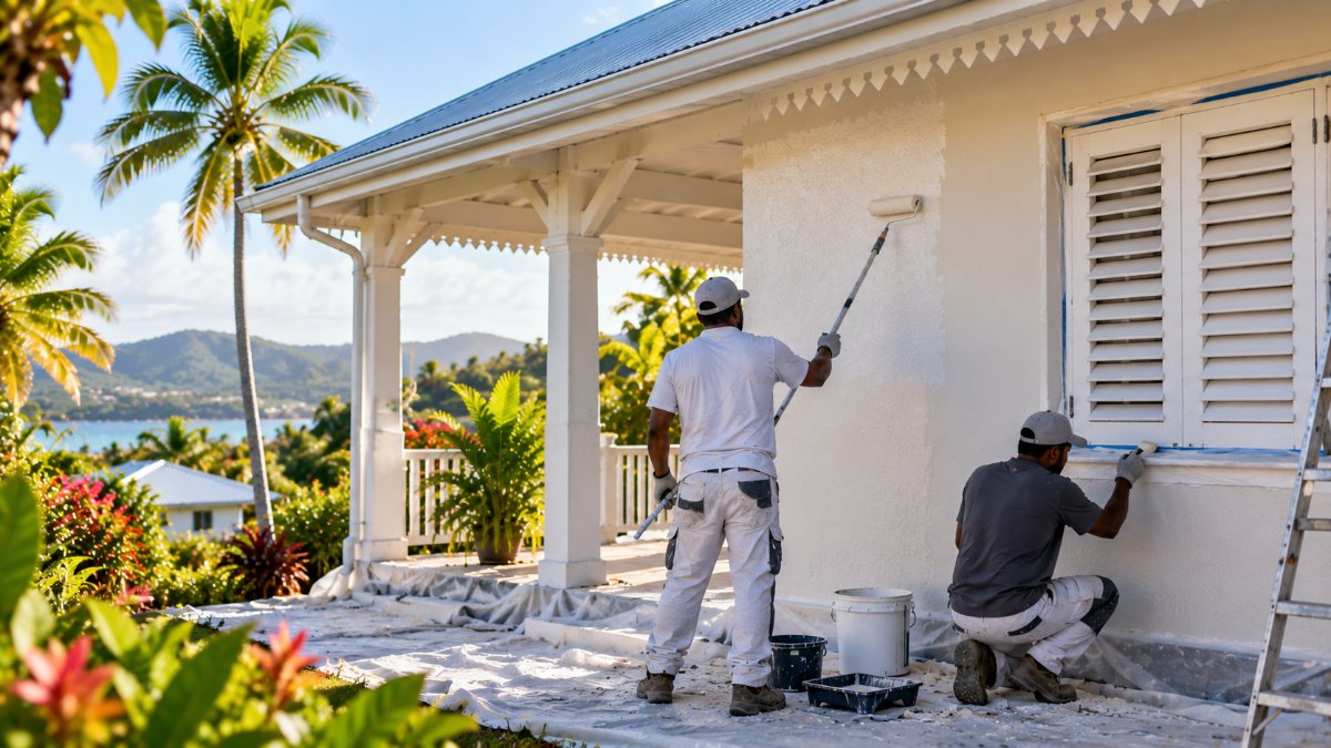 Peintres appliquant au rouleau et au pinceau une peinture de façade à l'ombre sur une maison en Guadeloupe