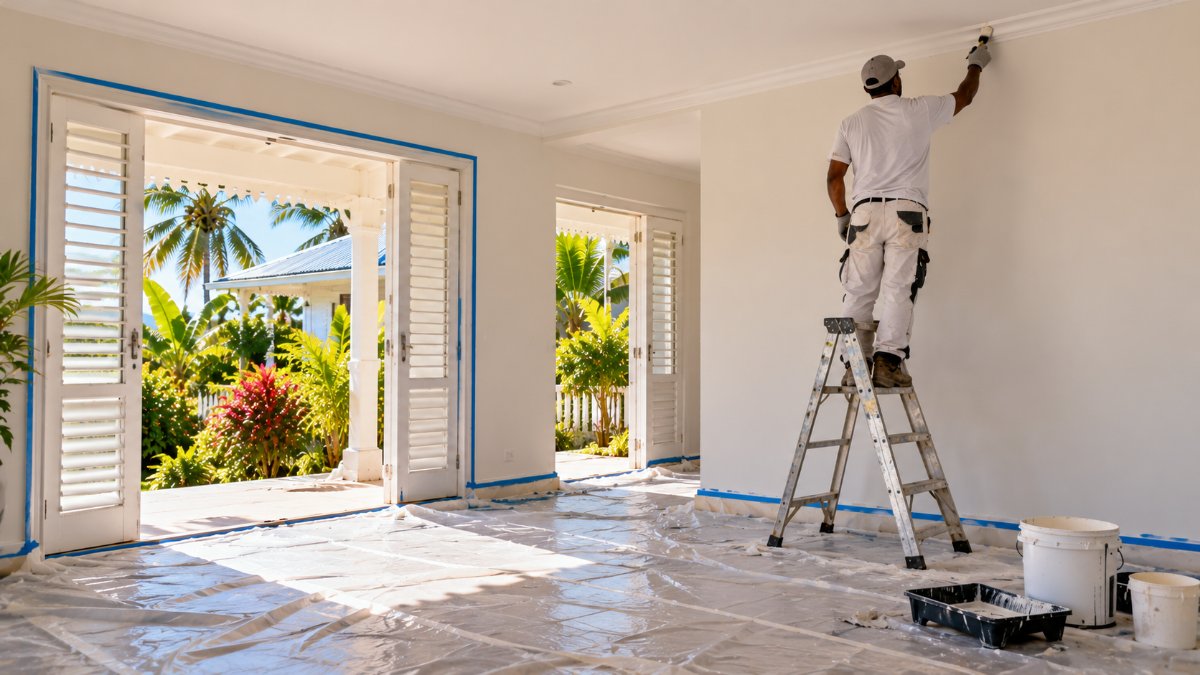 Séjour d'une maison en Guadeloupe en fin de chantier de peinture, sol protégé et découpe nette au plafond
