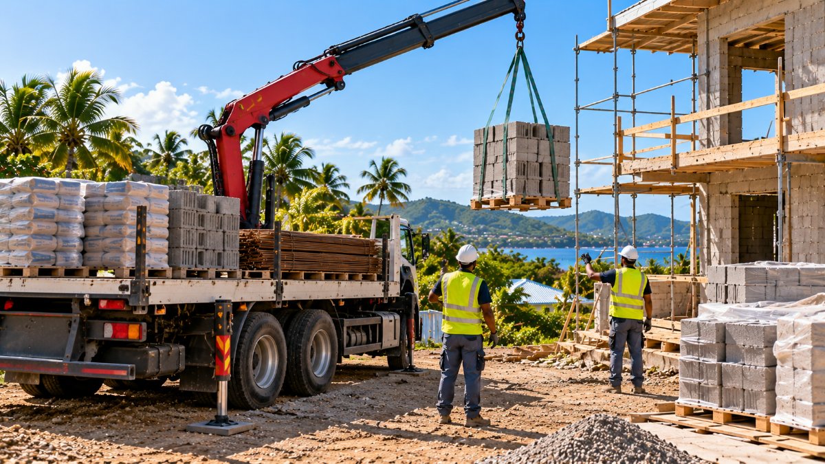 Livraison d'une palette de blocs béton par camion grue sur un chantier de maison en Guadeloupe