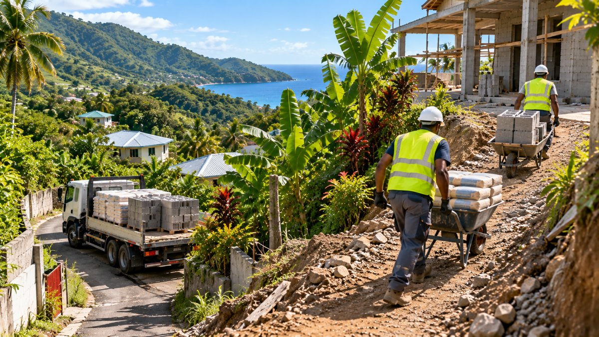 Chantier sur un terrain en pente dans les mornes en Guadeloupe, matériaux montés à la brouette faute d'accès pour le camion