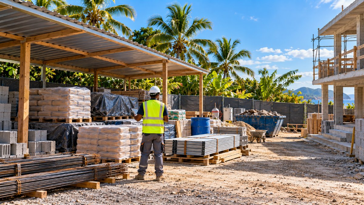 Aire de stockage organisée et abritée sur un chantier de maison en Guadeloupe