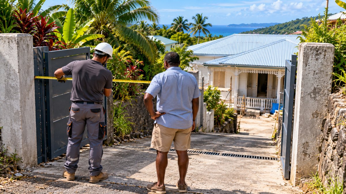 Mesure de la largeur d'un portail d'accès avant chiffrage d'un chantier de rénovation en Guadeloupe