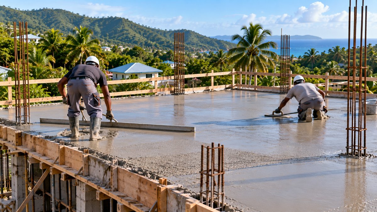Lissage d'une dalle d'étage en béton armé fraîchement coulée sur une maison en construction en Guadeloupe