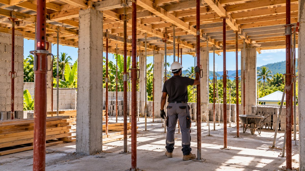 Dalle d'étage encore étayée pendant la montée en résistance du béton, maison en construction en Guadeloupe