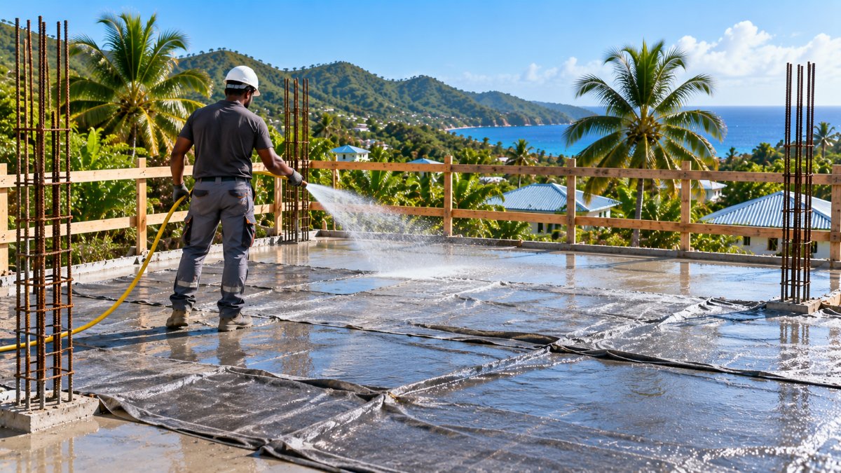 Arrosage d'une dalle béton recouverte d'un géotextile pendant la cure sur un chantier en Guadeloupe