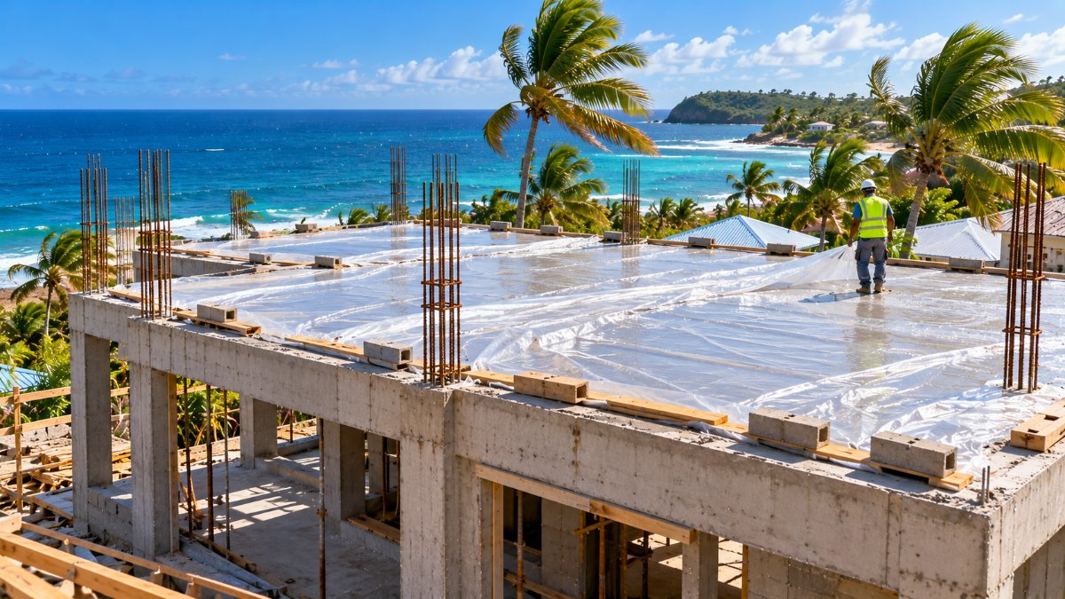 Dalle béton protégée par un film plastique sur une maison en construction en bord de mer en Guadeloupe