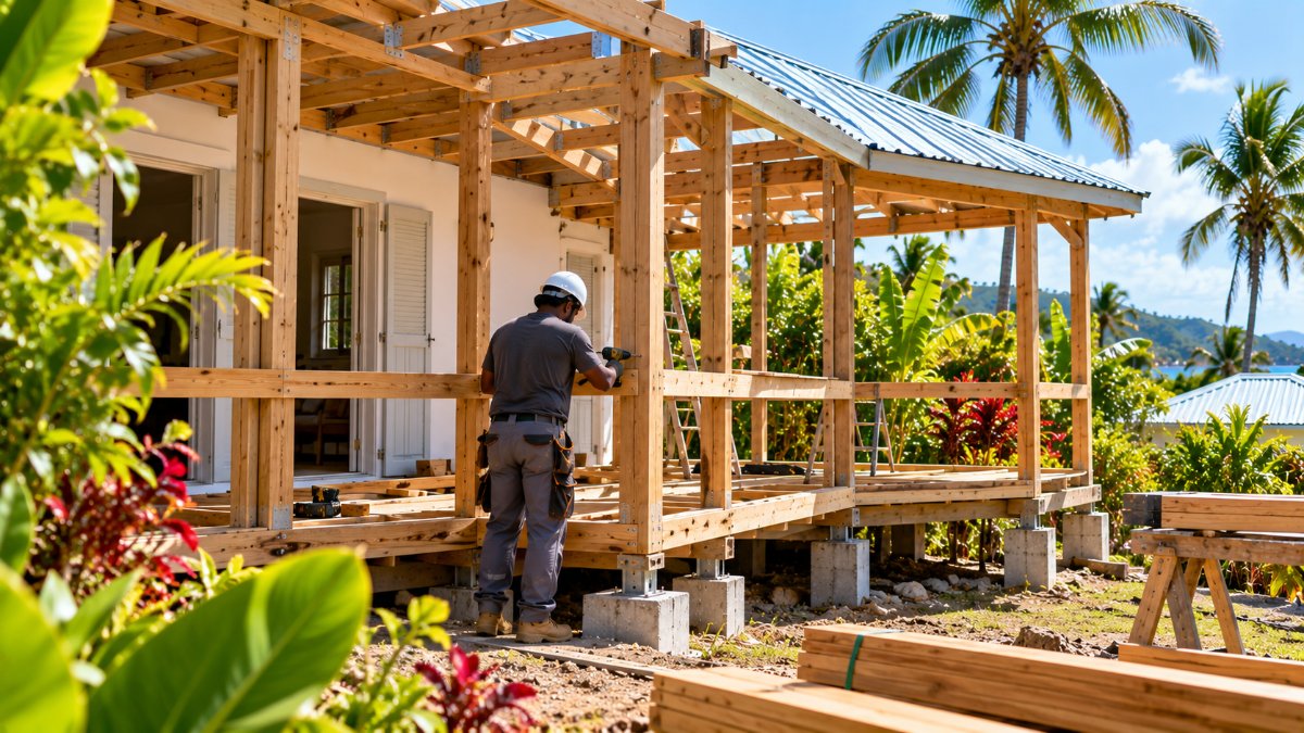 Extension en ossature bois sur plots béton en cours de montage contre une maison créole en Guadeloupe