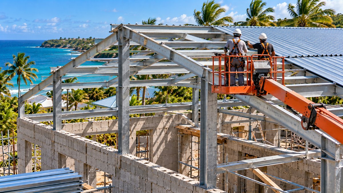Montage d'une charpente métallique galvanisée sur des murs maçonnés près du littoral en Guadeloupe
