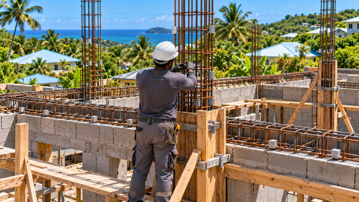 Ferraillage d'un poteau et des chaînages d'une maison en blocs béton en Guadeloupe