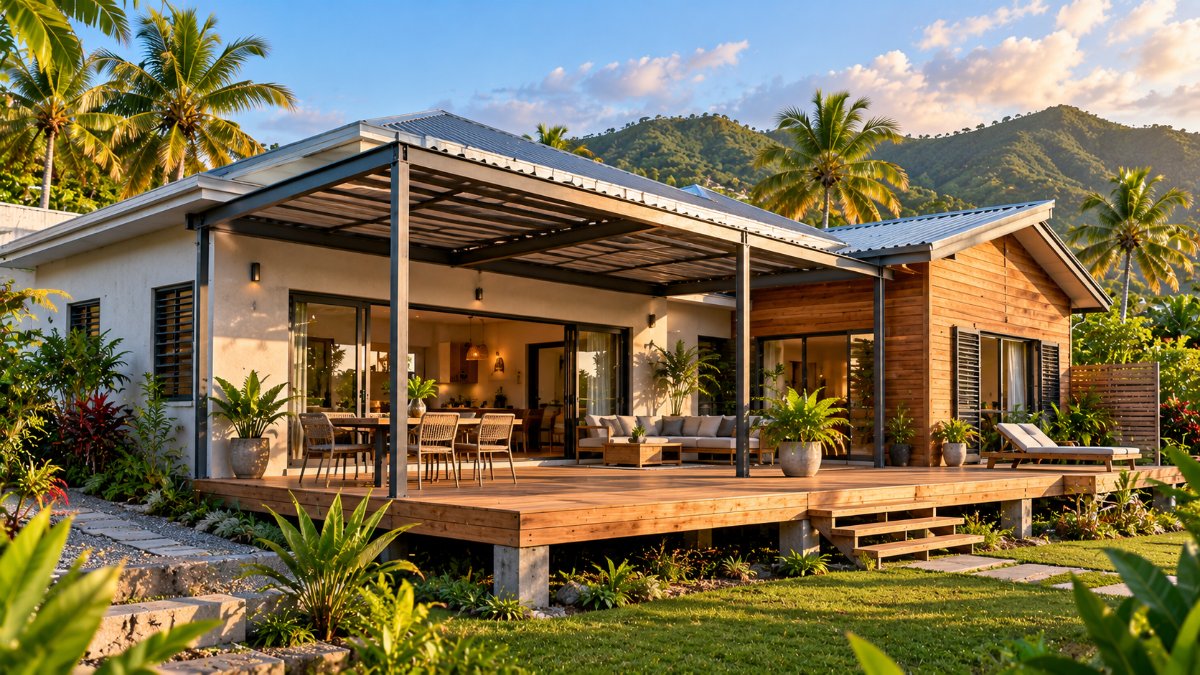 Maison en Guadeloupe associant béton, extension en bois, terrasse sur plots et auvent métallique