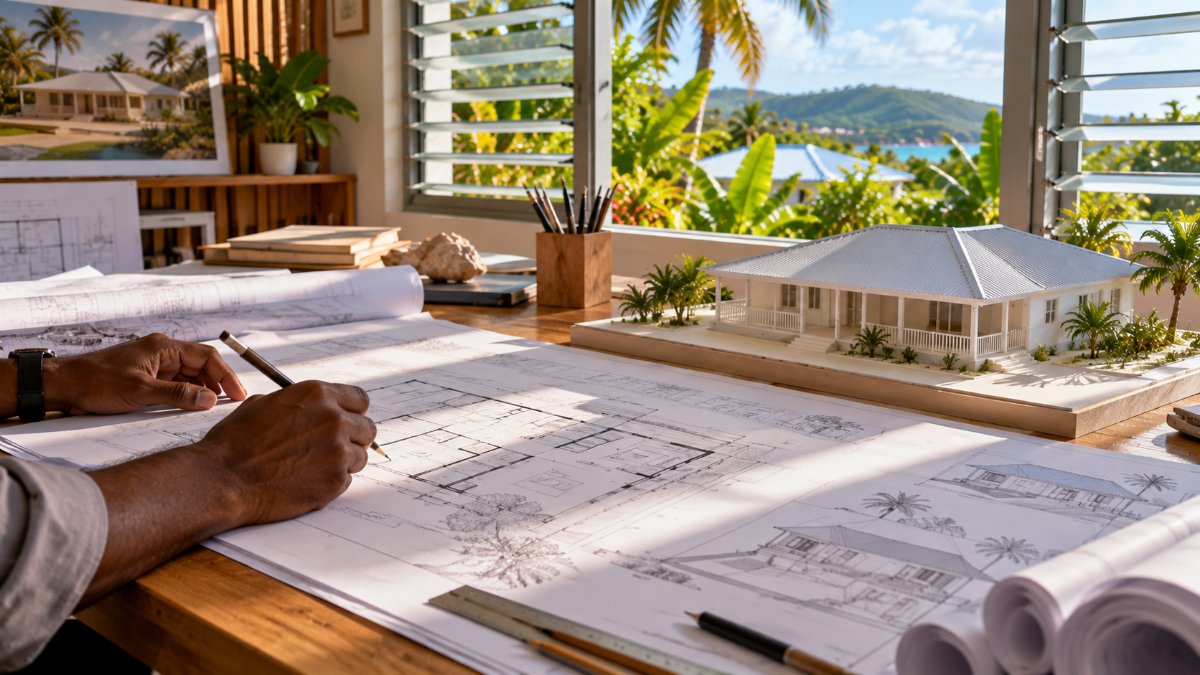 Plans de maison et maquette d'une case créole sur la table d'un architecte en Guadeloupe