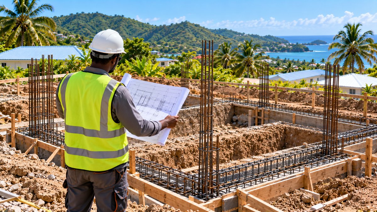 Ingénieur structure contrôlant le ferraillage des fondations d'une maison en Guadeloupe