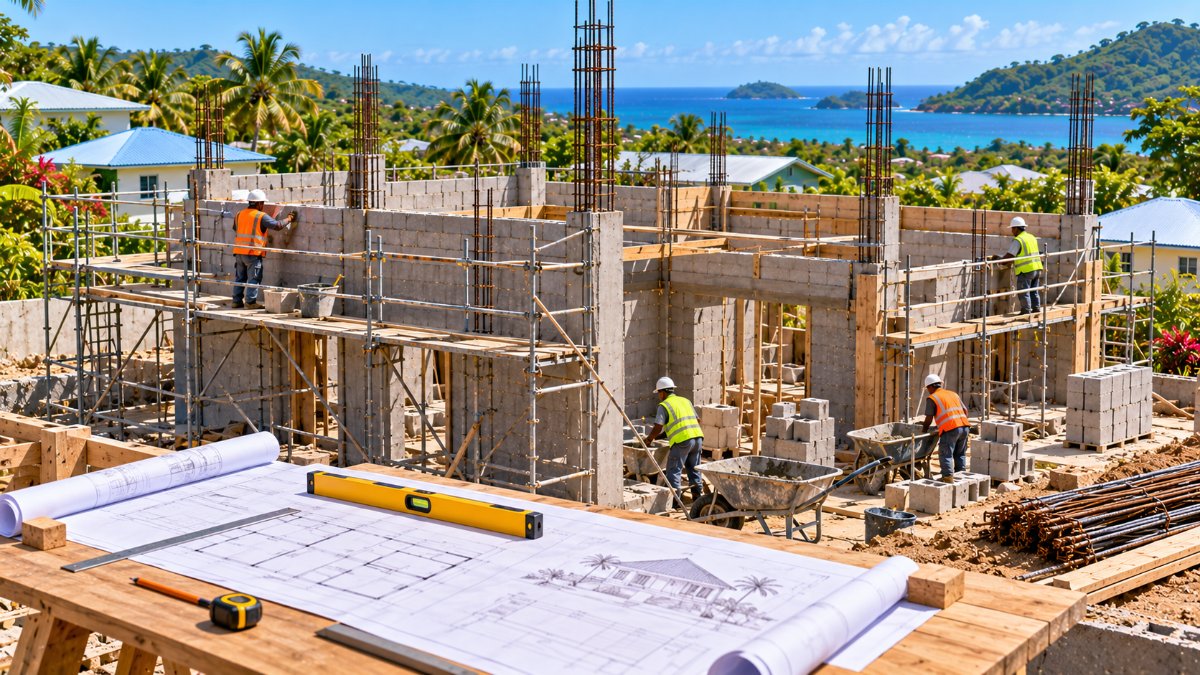 Chantier de maison en Guadeloupe en cours d'élévation des murs, plans déroulés sur la table de chantier