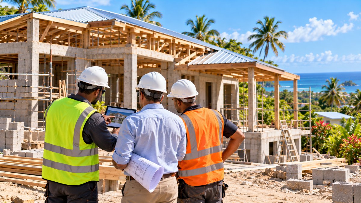 Réunion de chantier entre architecte, ingénieur et entreprise devant une villa en construction en Guadeloupe